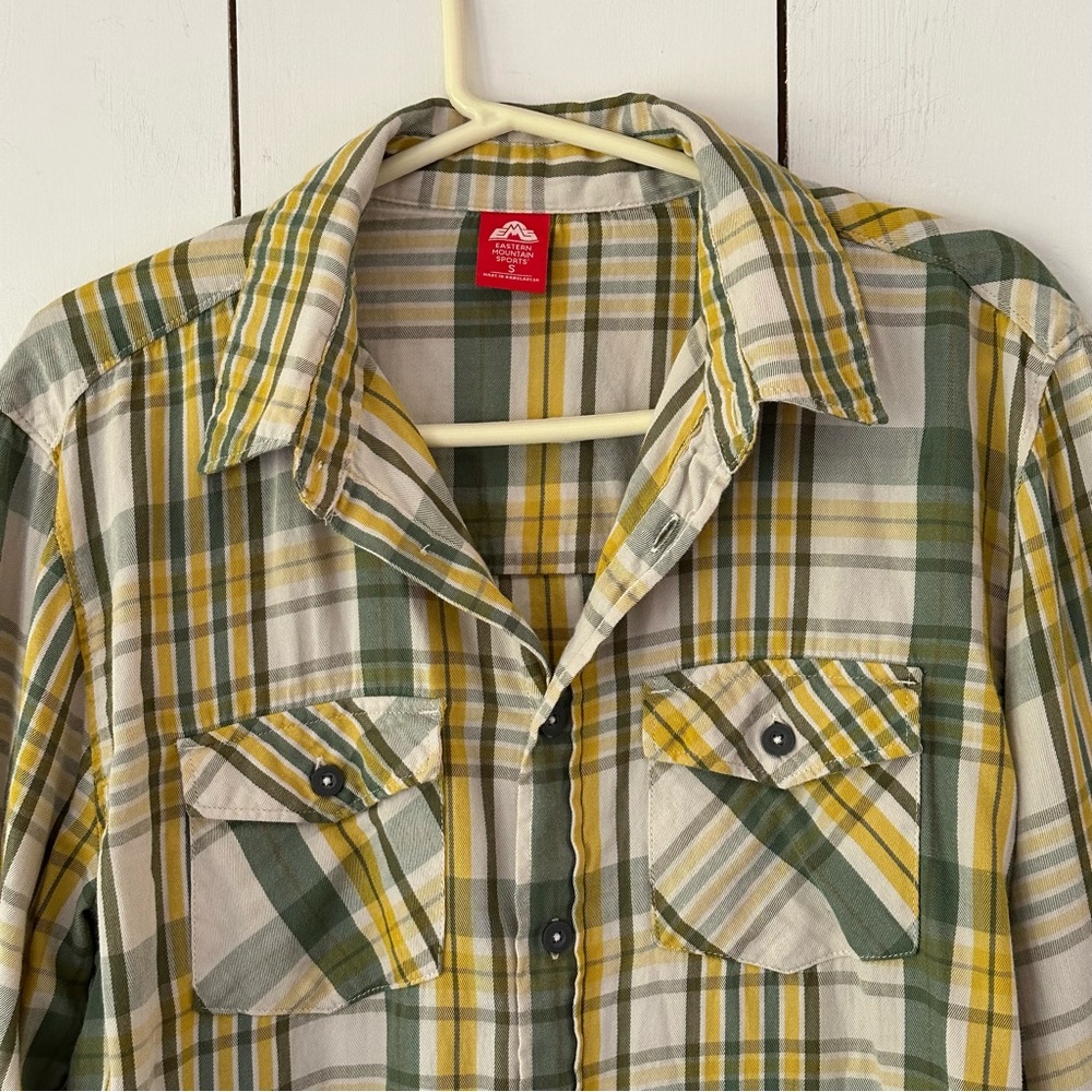 EMS Eastern Mountain Sports Plaid Flannel Shirt Sz S Green Yellow Grunge - Picture 4 of 9